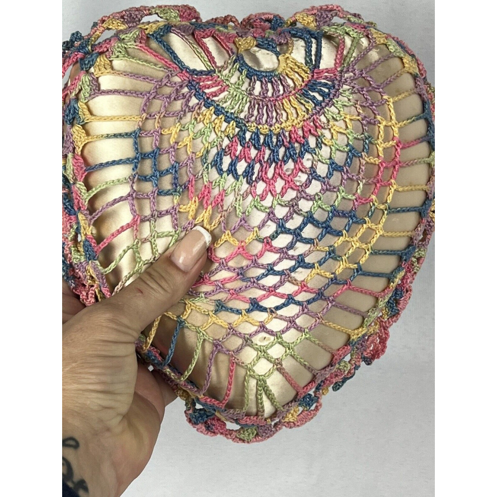 Vintage Heart Crochet open Lace Sachet Pin Cushion Pillow Cottage Granny Sewing